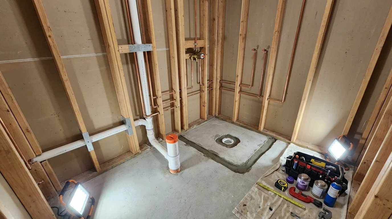 Bathroom rough-in plumbing during remodel by Johns Plumbing LLC in Rockwood