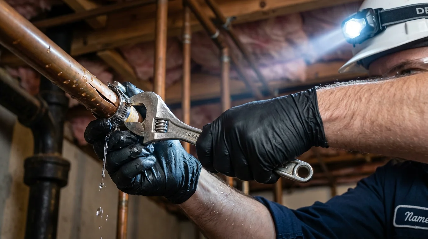 Emergency pipe clamp repair being performed by a Johns Plumbing LLC plumber in Rockwood