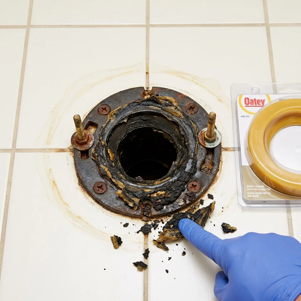Failed wax ring showing water seepage at the base of a toilet in a Rockwood, TN home