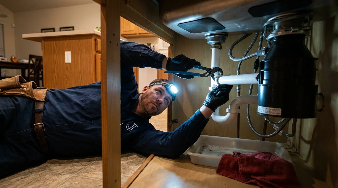 P-trap and supply line connections under a kitchen sink showing a common leak point in Rockwood, TN